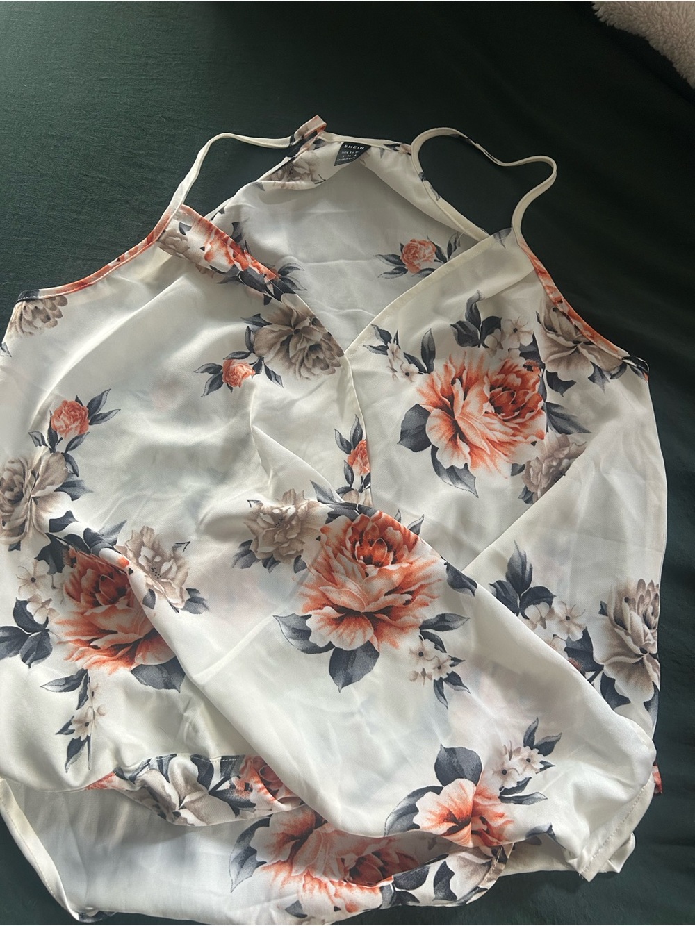 SHEIN White Halter Tank Top with Coral and Gray Floral Print